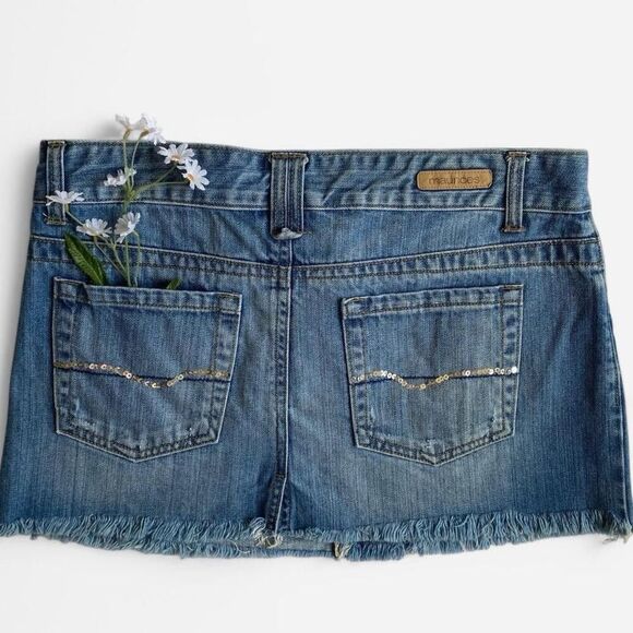 Y2K Maurice’s women’s preppy boho denim mini skirt w/sequins - Picture 2 of 8